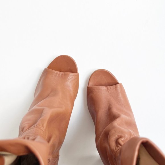 Chloe | Cognac Leather Peep Toe Cinched Ankle Boots | 38.5/8.5 - Picture 3 of 14